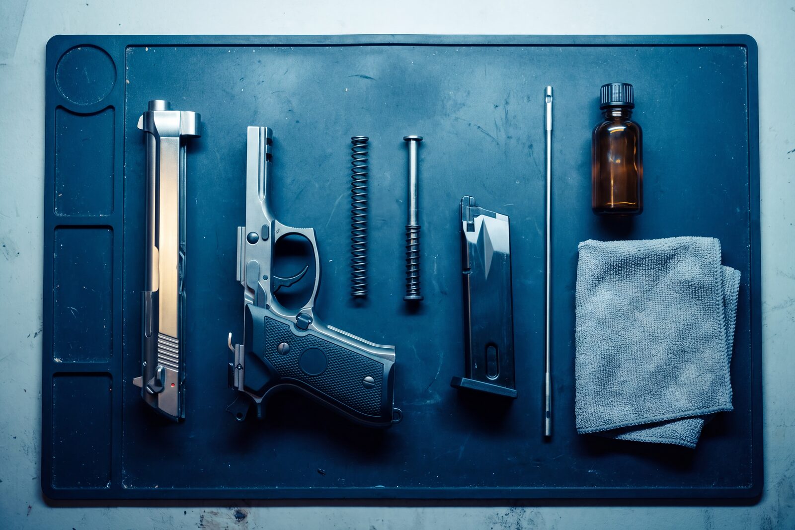 Immagine generata: pistola a gas smontata su un tappetino da banco, con carrello, molla, guida, caricatore, bacchetta di pulizia, olio al silicone e panno